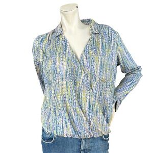 Anthropologie Pilcro Tisha Surplice Blue Green Purple Collared Faux Wrap Top XS
